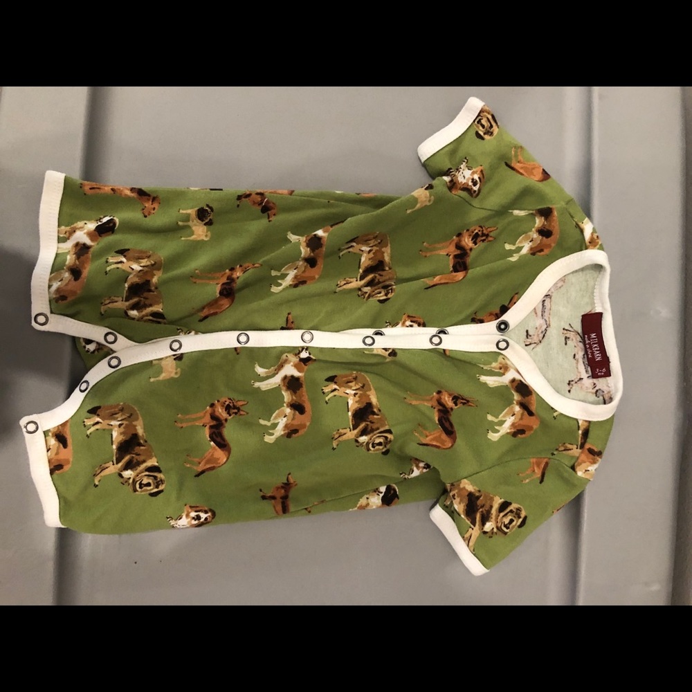 Milkbarn Green dog shortall/romper 3-6 months